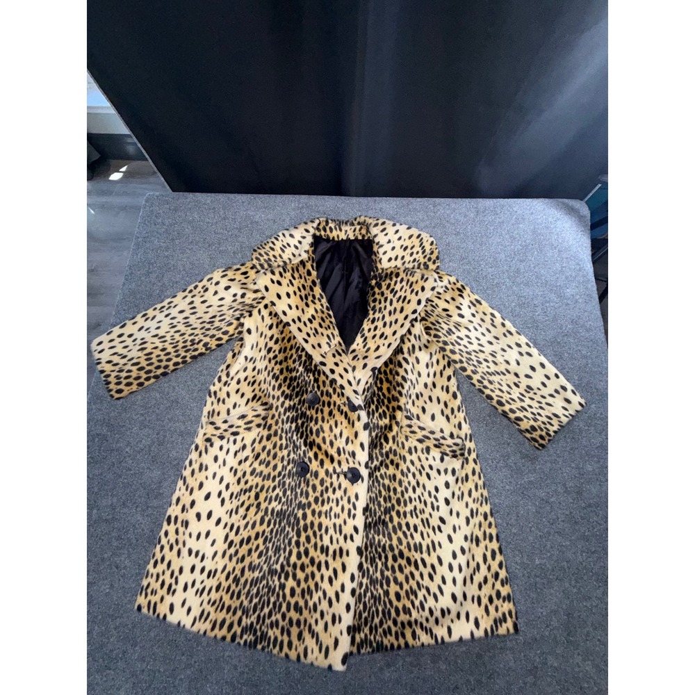 Vintage Cheetah Print Faux Fur Coat Double Breasted Mid Length Jacket Tan Black